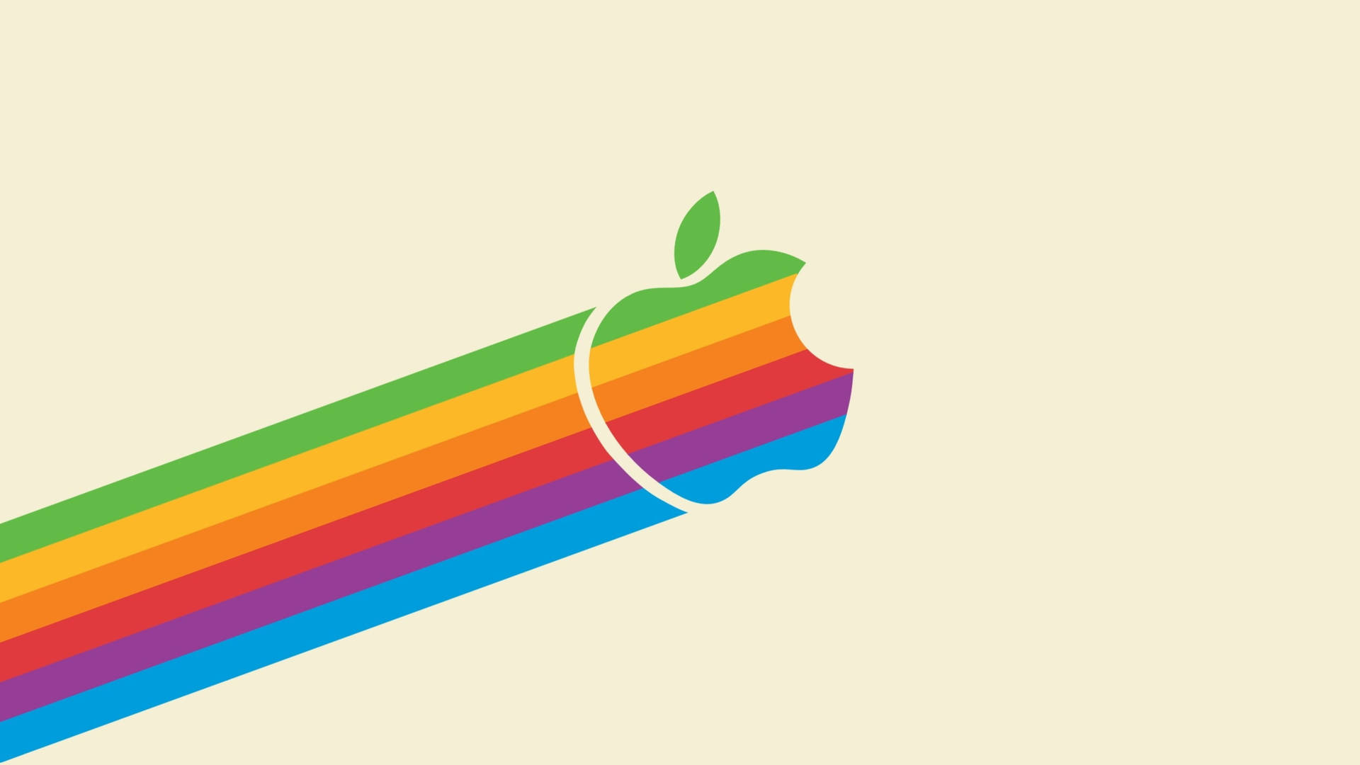 米色背景上帶有咬痕和葉子的彩虹 Apple 標誌。