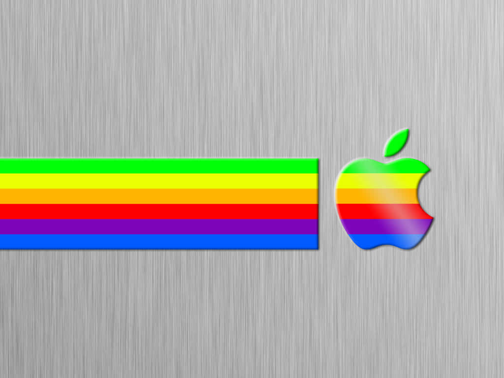 復古蘋果標誌 壁紙 — 彩虹條紋的Apple標誌和水平條紋放置在拉絲金屬表面上。