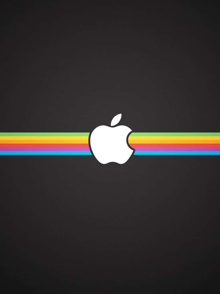 復古蘋果標誌 壁紙 — 一個白色Apple標誌置中於深灰色背景上的水平彩虹條紋上方。