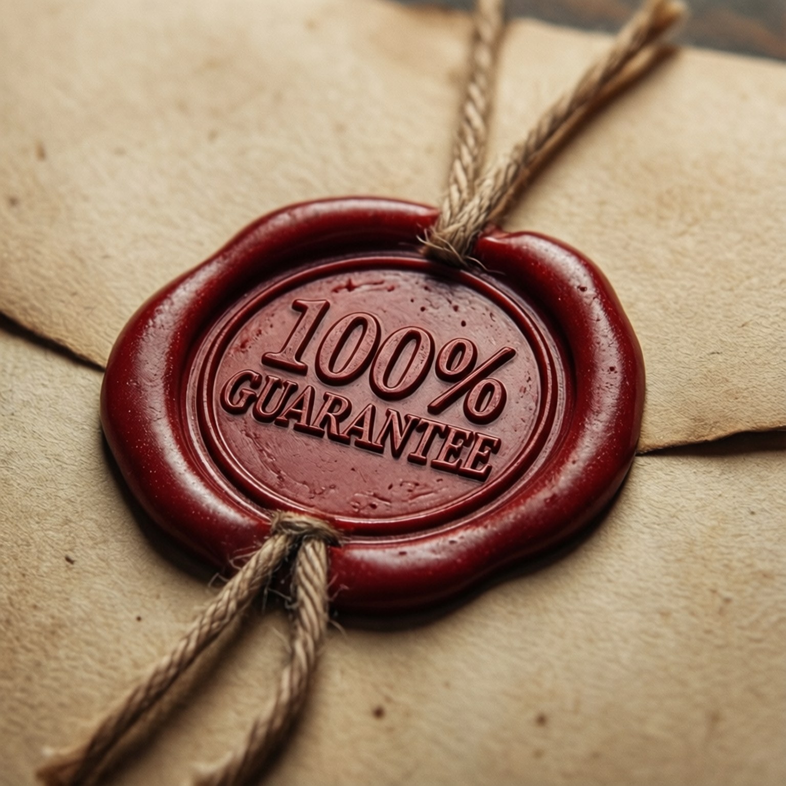復古蠟封保證 壁紙 — 一個特寫鏡頭，展示一個印有「100% 保證」的濃郁紅色火漆印章，位於用麻繩捆綁的舊羊皮紙上。