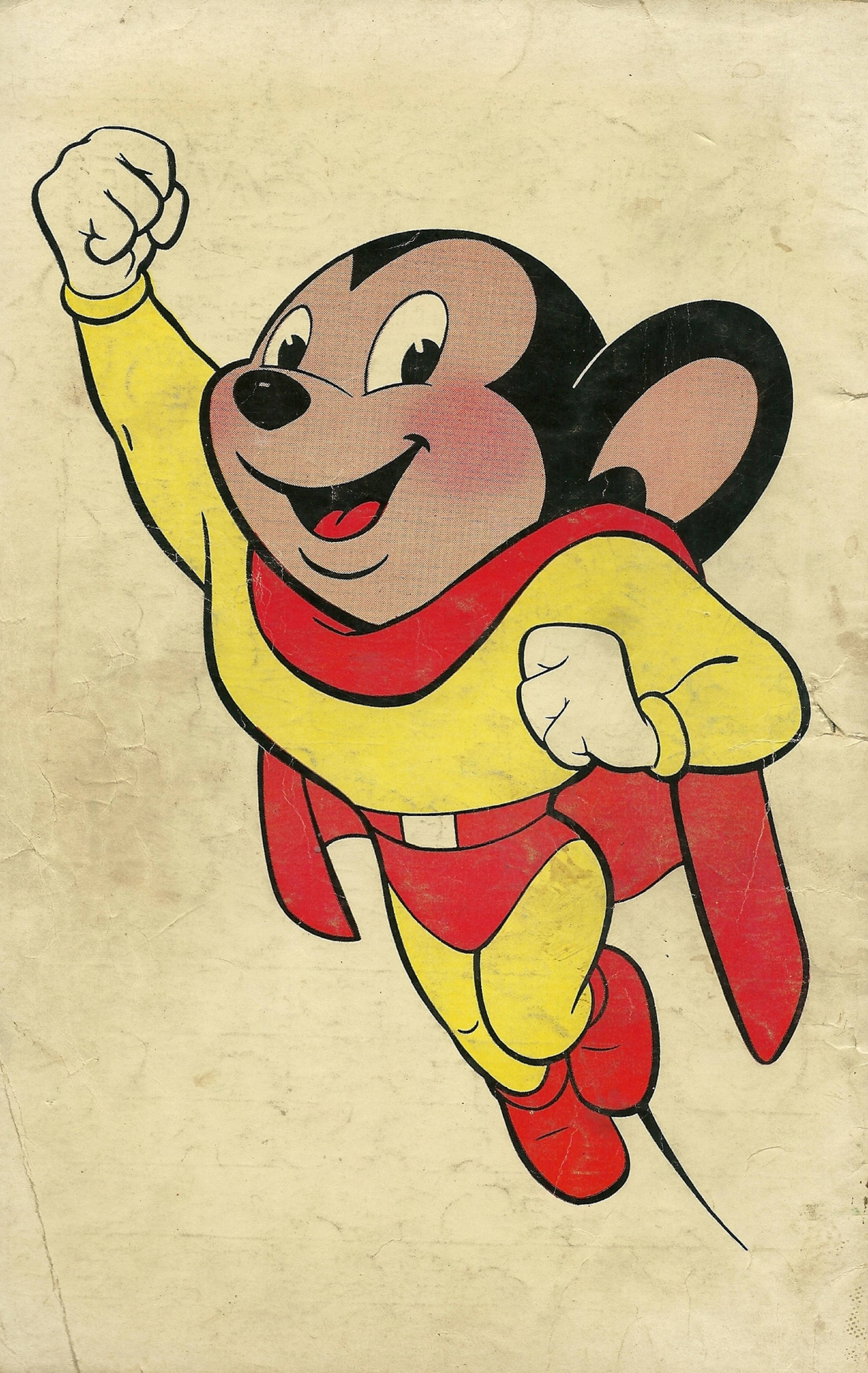 復古超級英雄 - Mighty Mouse 全力以赴 壁紙 — 一個復古卡通老鼠超級英雄，穿著紅色斗篷和黃色套裝，在紋理米色背景上快樂地飛翔。