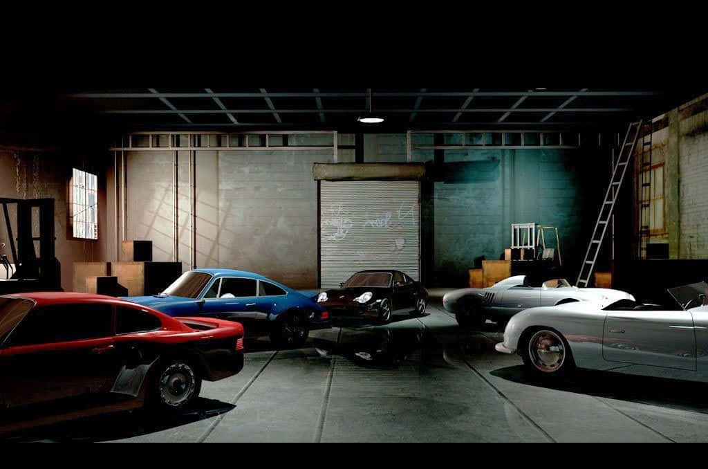 Garage 桌布 壁紙 — 復古跑車在骯髒的工業車庫中，在刺眼的頭頂燈光下閃閃發光，車庫內有塗鴉和梯子。