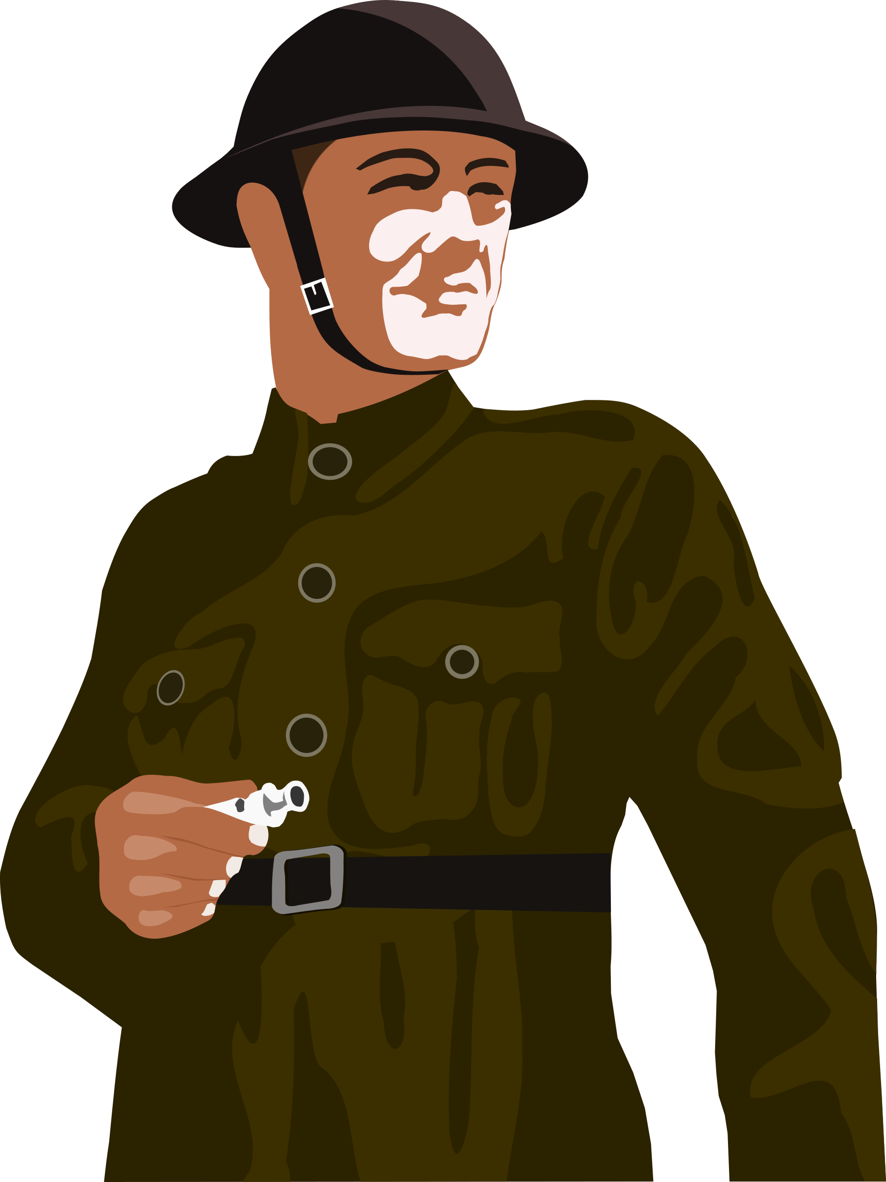 復古軍官插畫 壁紙 — 一個風格化的士兵穿著橄欖色制服和頭盔，在黑色背景前手持手槍。