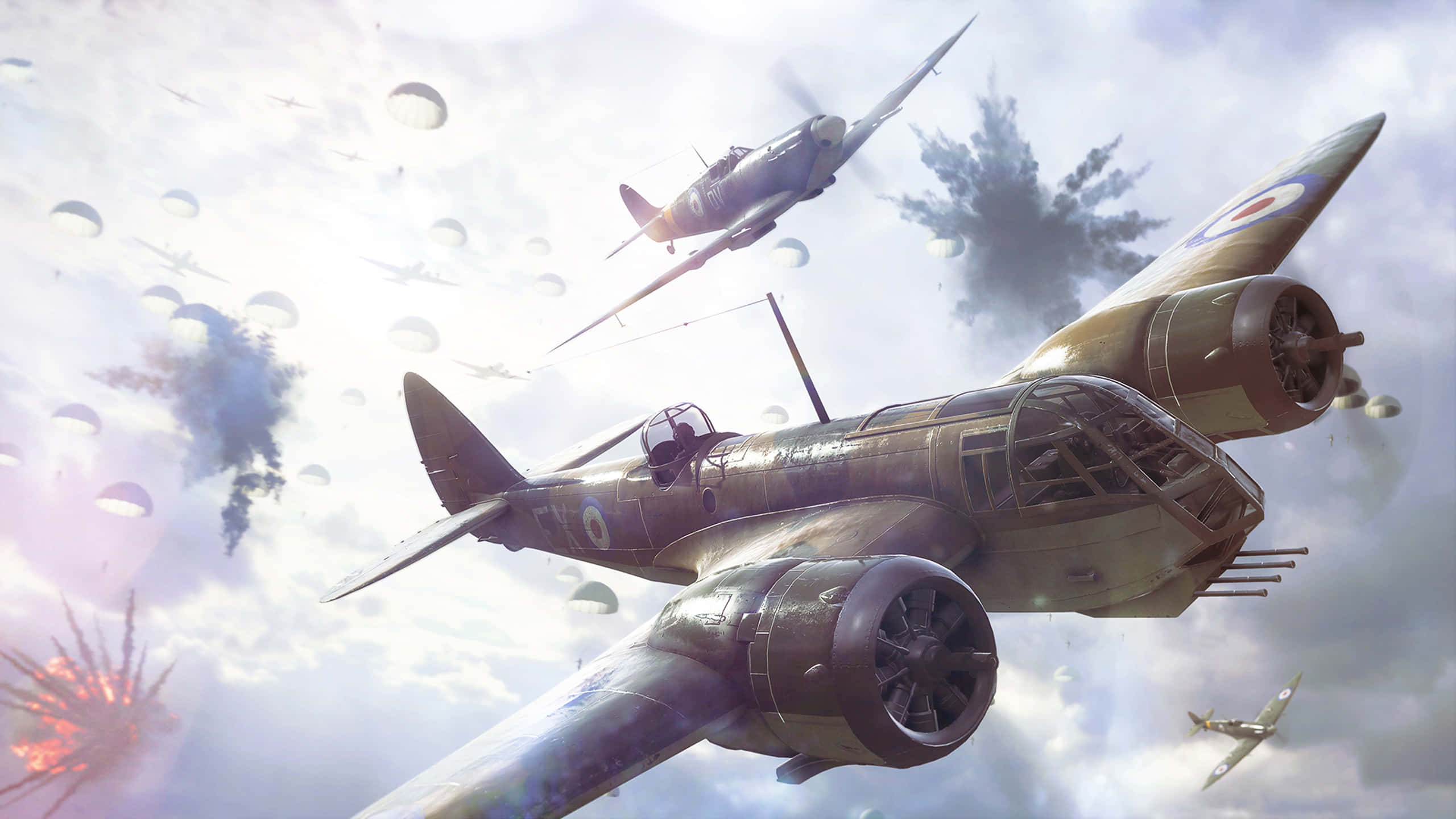 Battlefield Vehicles 桌布 壁紙 — 復古軍用飛機在激烈的空戰中，穿過多雲的天空，伴隨著爆炸和降落傘。