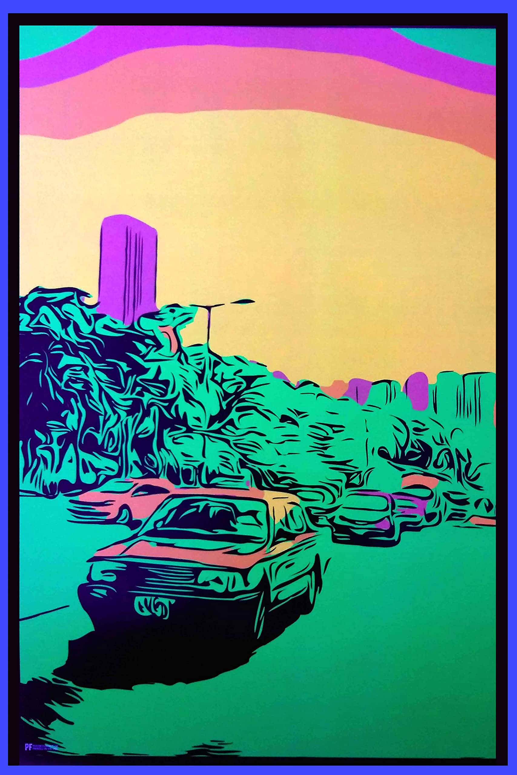 復古迷幻風格街頭停車場 壁紙 — 充滿活力的普普藝術插圖，描繪了在道路上行駛的汽車，背景是迷幻的天空和風格化的樹葉。