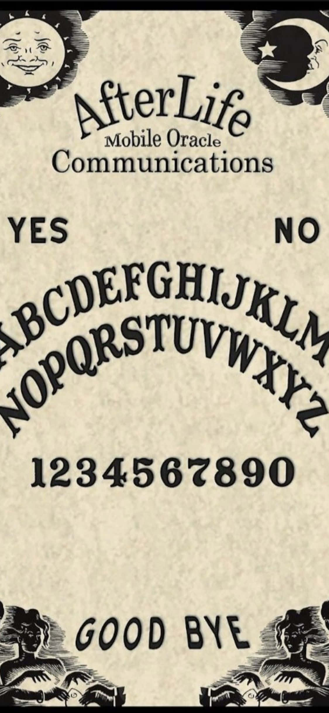 Ouija Boards 桌布 壁紙 — 復古通靈板，上面有「AfterLife Mobile Oracle Communications」字樣及微笑月亮符號，印在仿舊羊皮紙上。