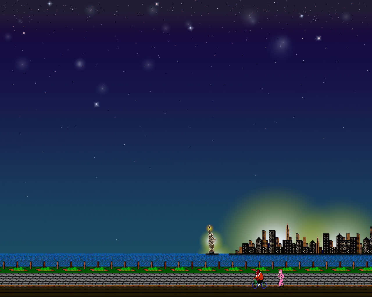 復古遊戲 Punch-Out 夜空場景 壁紙 — 像素藝術夜景，自由神像與紐約市天際線在星空下，小徑上有兩個小人影。