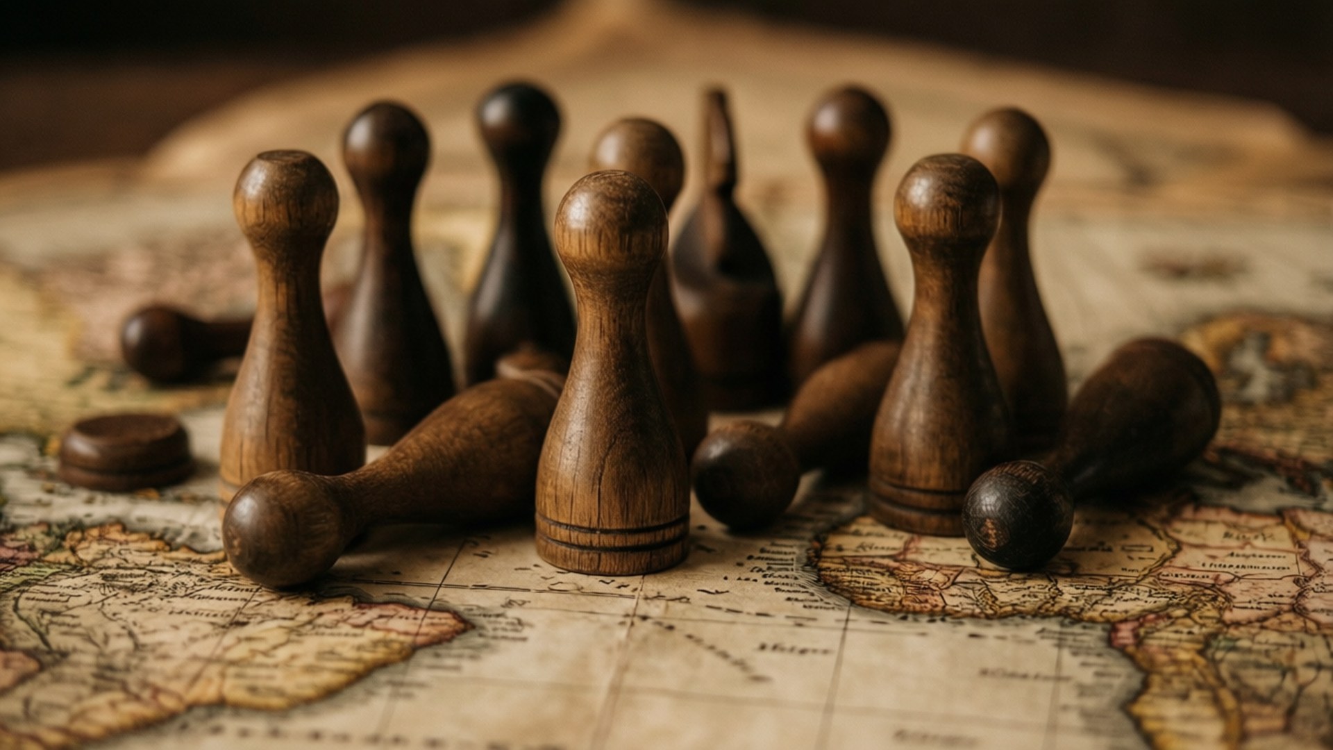 復古遊戲寶庫 壁紙 — 深色木製遊戲棋子散落在復古世界地圖上，墨水褪色，紙張有紋理。