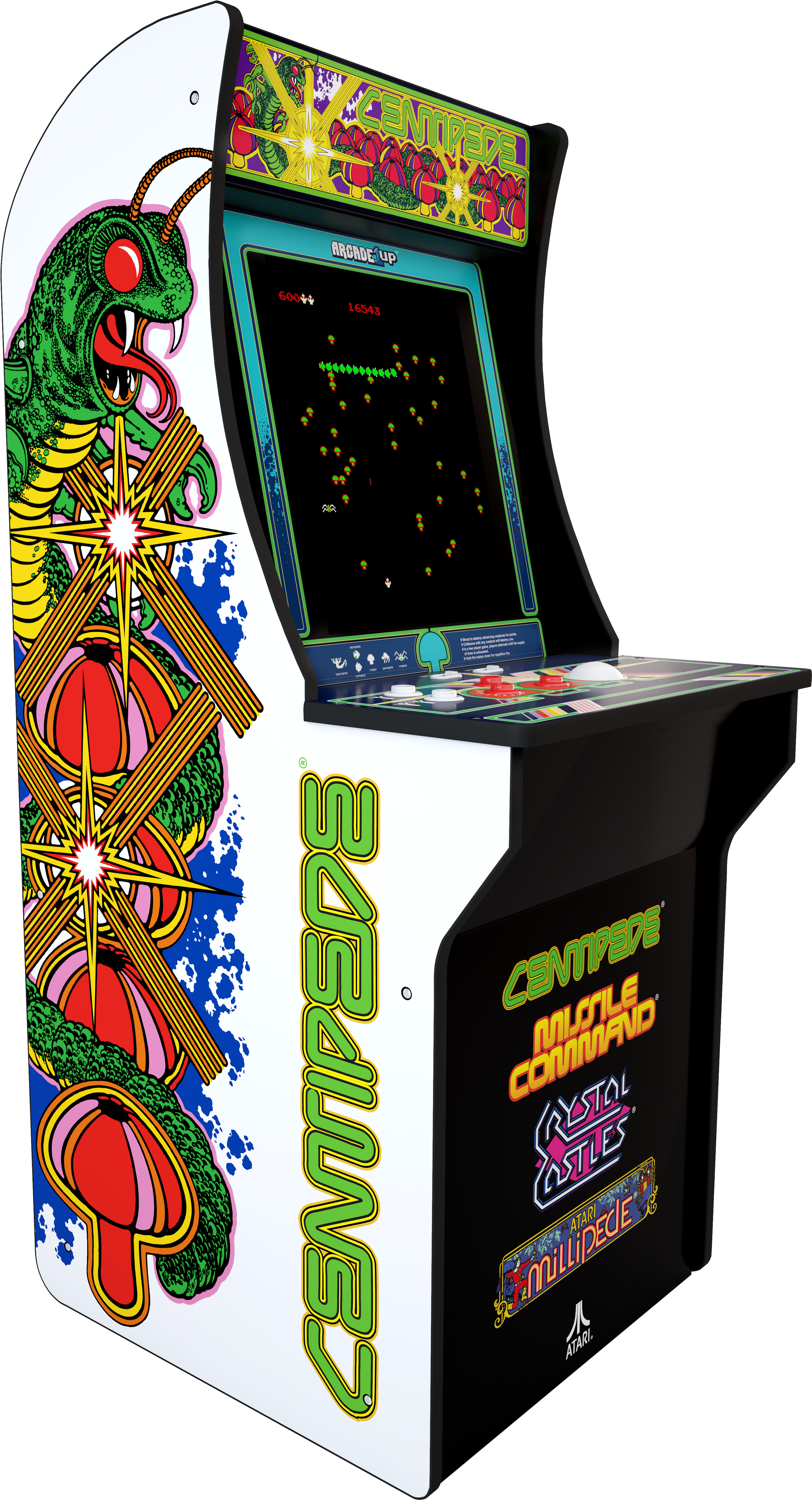 復古遊戲機《蜈蚣》 壁紙 — 充滿活力的復古街機，配備 Centipede 遊戲、迷幻蛇形藝術品和發光控制裝置。