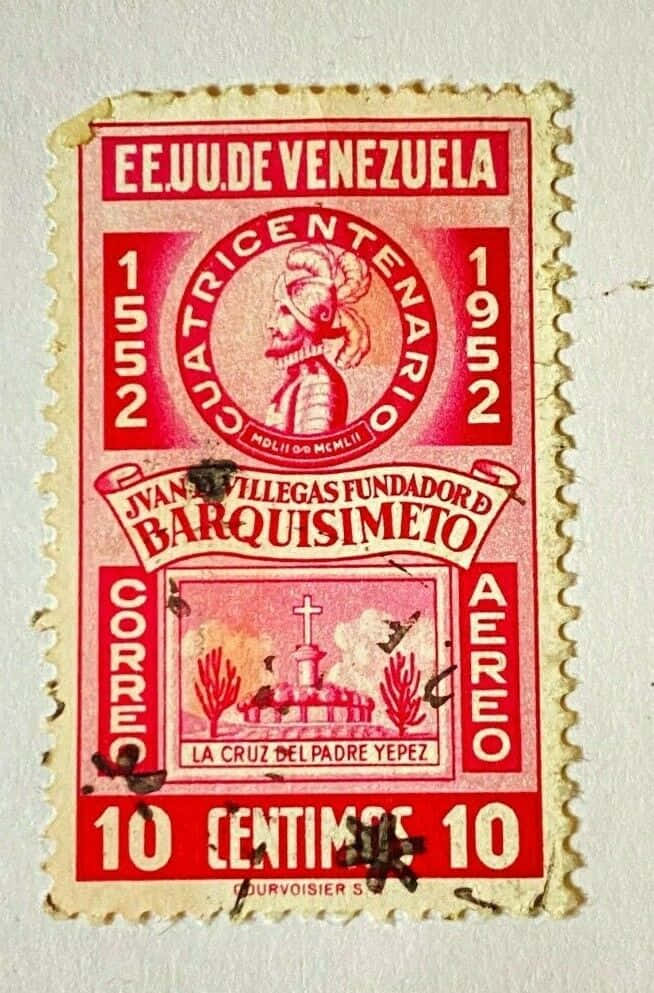 復古郵票收藏 壁紙 — 一張1952年復古紅色委內瑞拉郵票，紀念巴基西梅托建城400週年，帶有肖像和教堂場景。