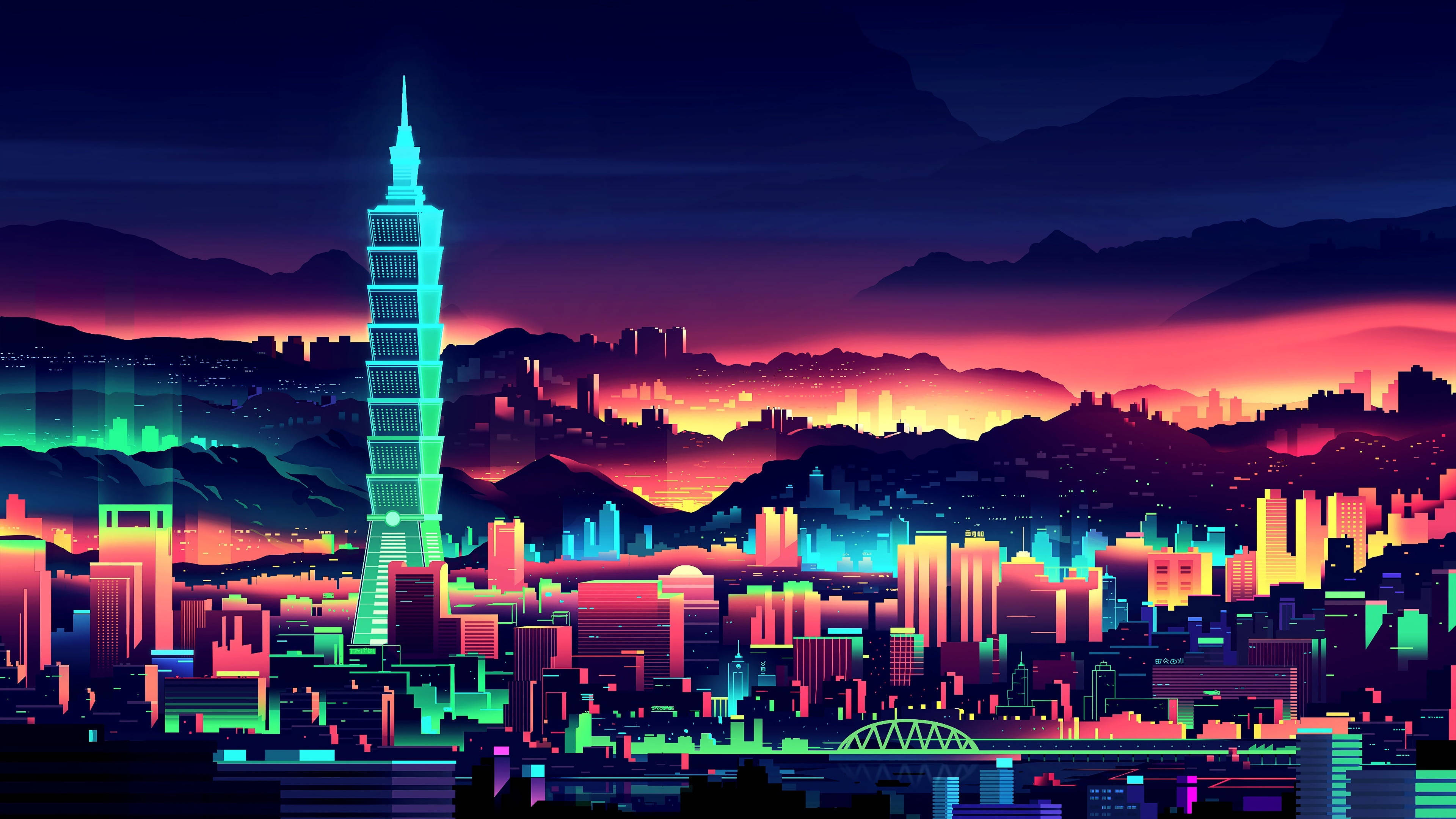 復古都市向量藝術 壁紙 — 黃昏時分充滿活力的霓虹城市景觀，發光的台北101塔映襯著紫橙色天空和山脈輪廓。