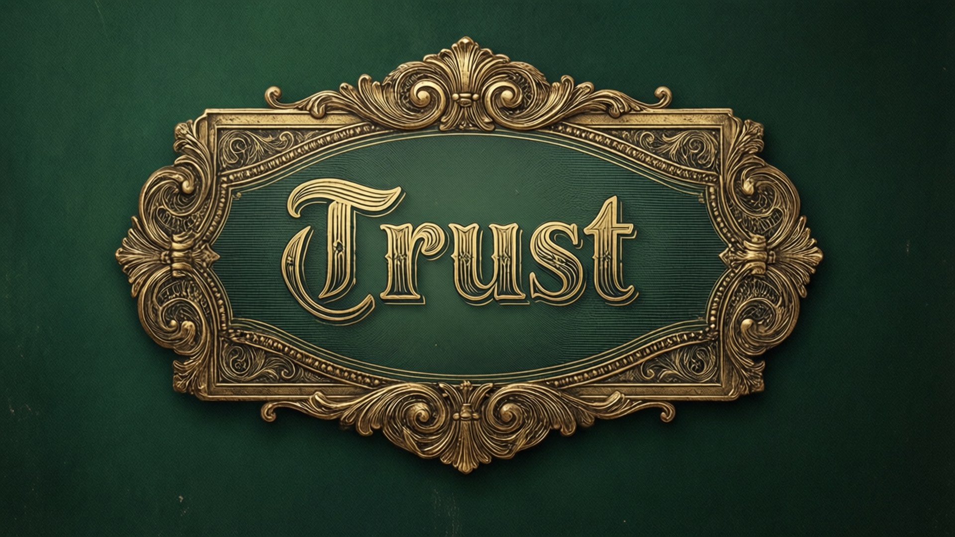 一塊裝飾性金色牌匾，綠色背景上刻有Trust一詞。