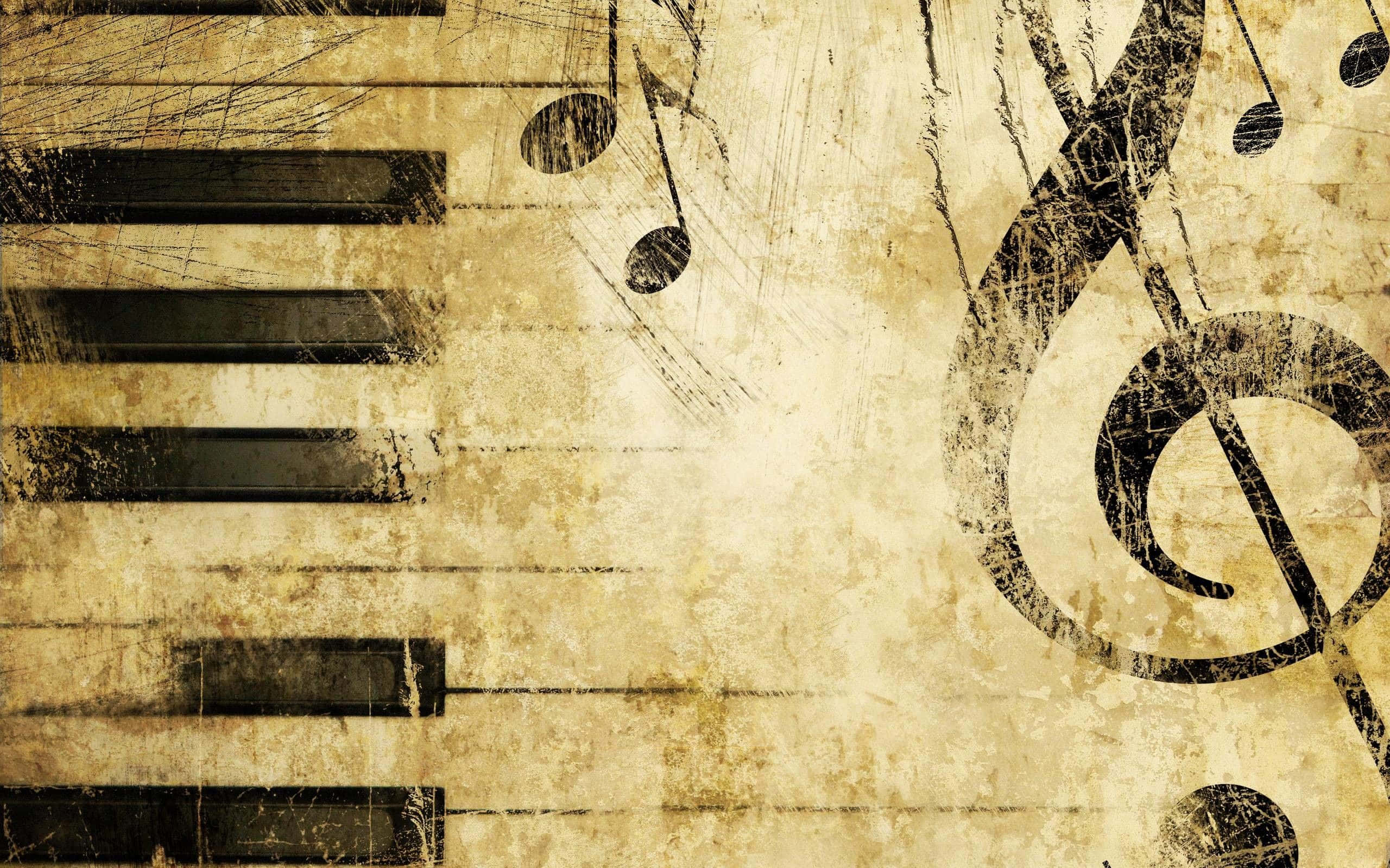 Musical 桌布 壁紙 — 復古鋼琴琴鍵和音符蝕刻在風化羊皮紙上，帶有磨損紋理。