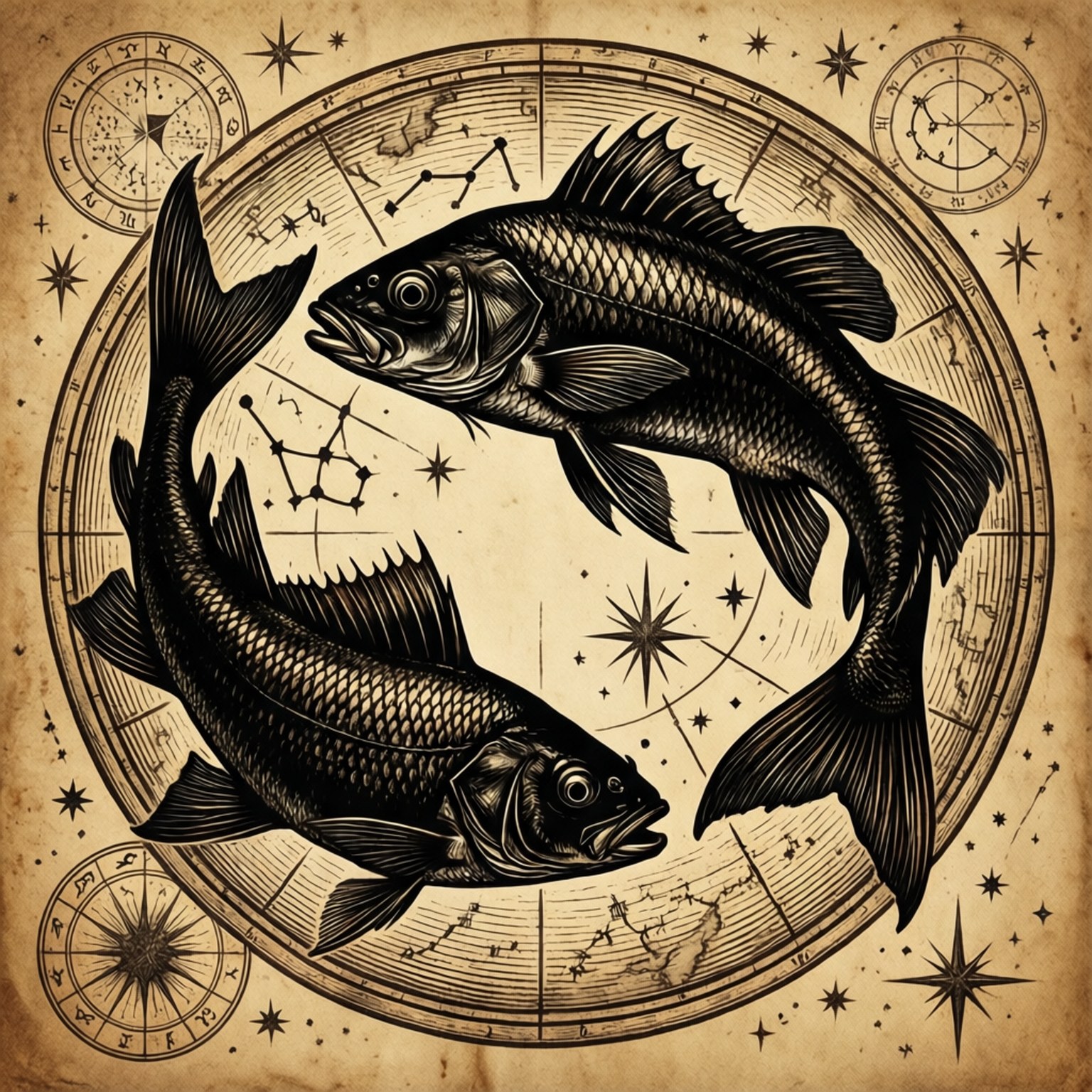 復古雙魚座蝕刻畫 壁紙