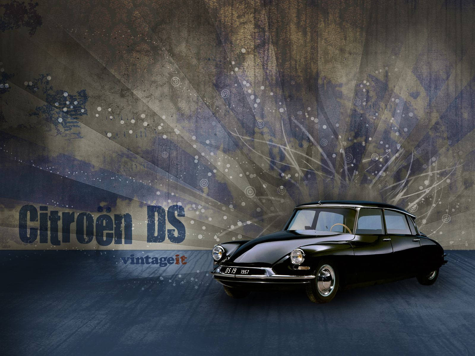 黑色復古雪鐵龍DS 19 1957汽車在帶有抽象圖案的紋理grunge背景上。
