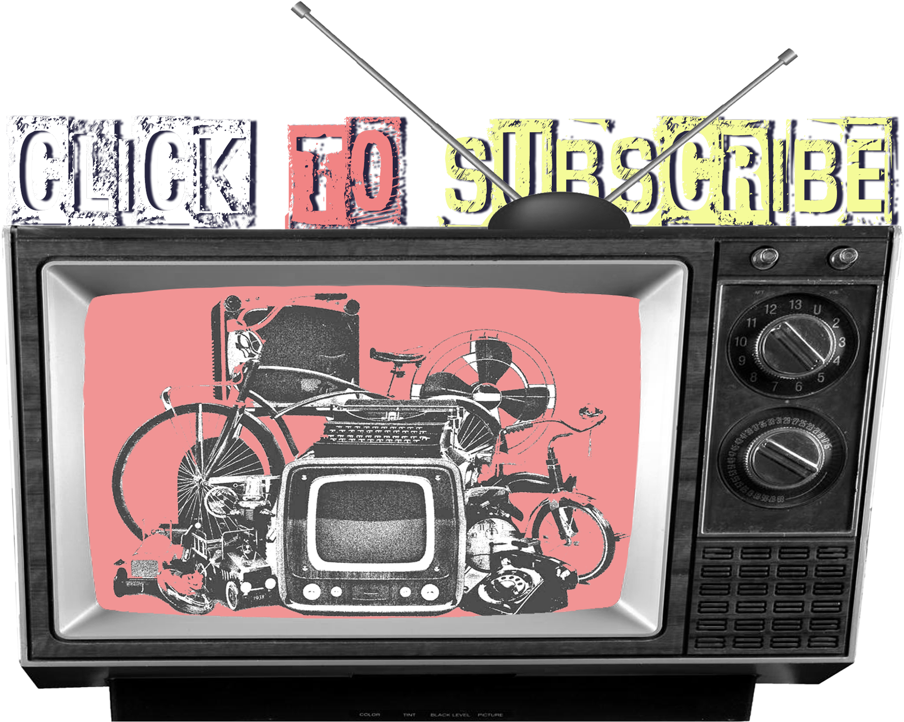 復古電視訂閱概念 壁紙 — 復古電視帶有「CLICK TO SUBSCRIBE」橫幅，在粉紅色背景上顯示混亂的黑白拼貼畫，包含復古科技和自行車。