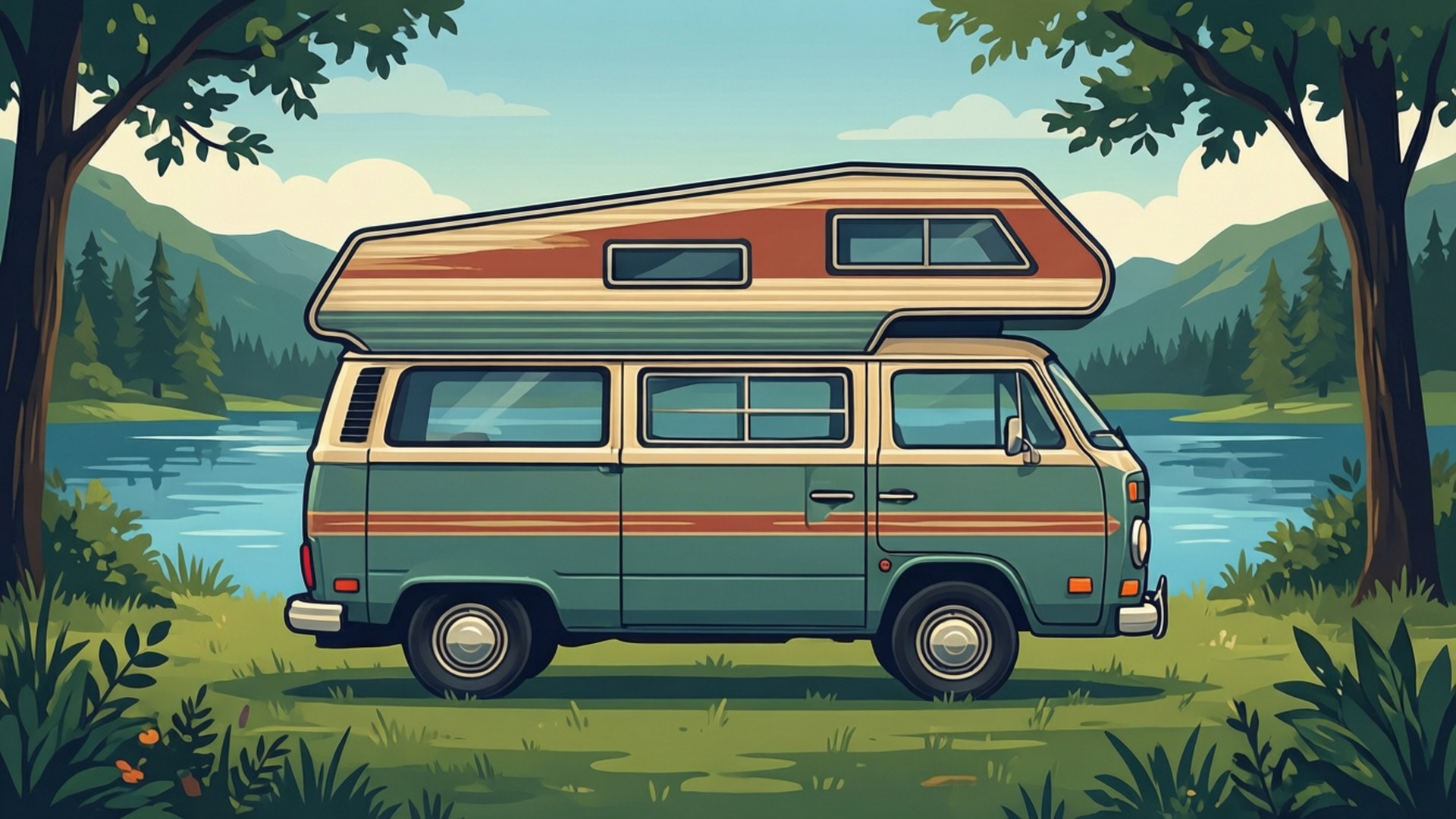 復古露營車 壁紙 — 一輛帶有條紋車頂的復古露營車停在寧靜的湖邊，周圍是茂密的綠樹和遠處的山脈，天空清澈湛藍。