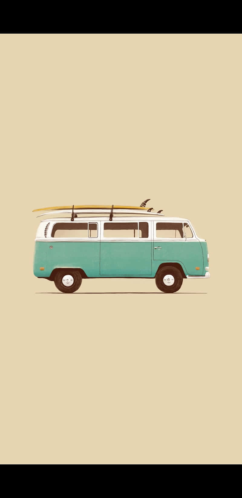 復古露營車與衝浪板插畫 壁紙 — 一輛復古青綠色和白色的廂型車，車頂上放著一塊衝浪板，停在純米色背景前。