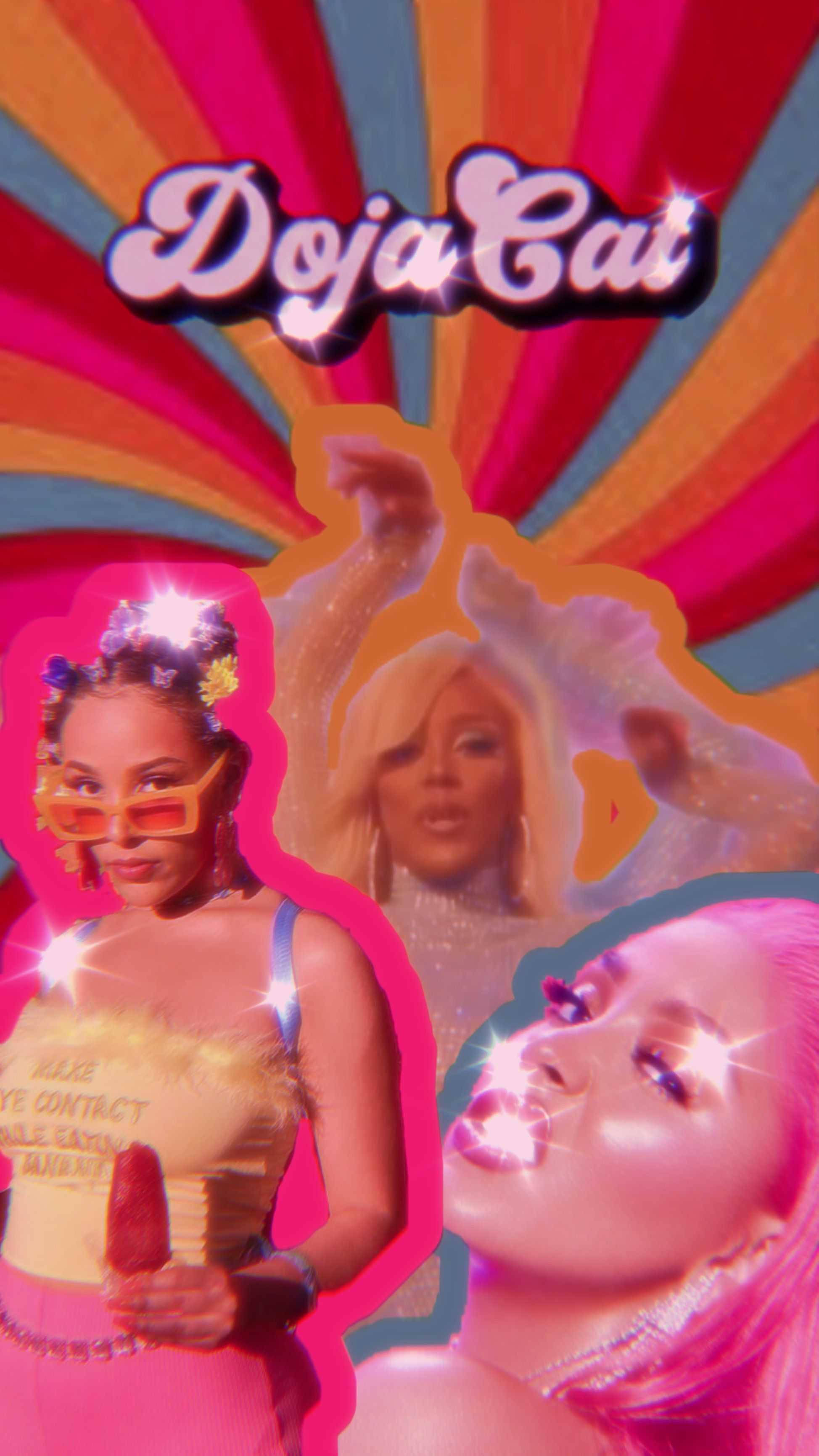 復古風Doja Cat 壁紙 — Doja Cat 嘅鮮豔流行藝術拼貼，採用大膽嘅霓虹色彩，閃爍嘅閃粉同動感姿勢。