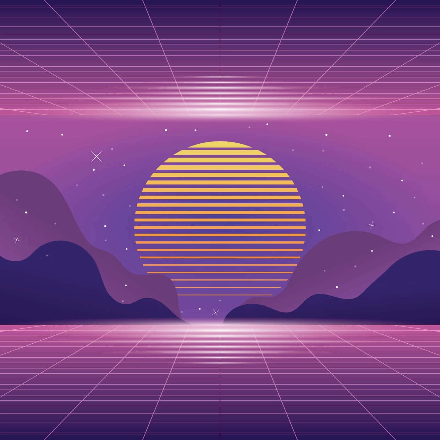紫色網格景觀，條紋太陽和山丘，星空下