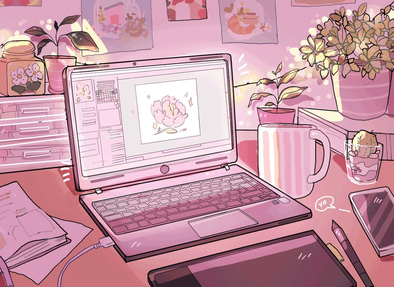 粉紅色插圖書桌，筆記型電腦繪圖軟件和植物
