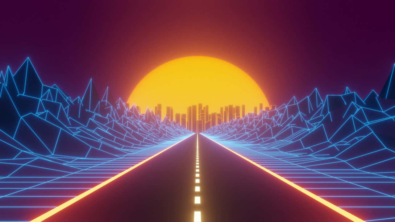 霓虹高速公路通往發光的太陽，帶有幾何山脈和城市天際線。