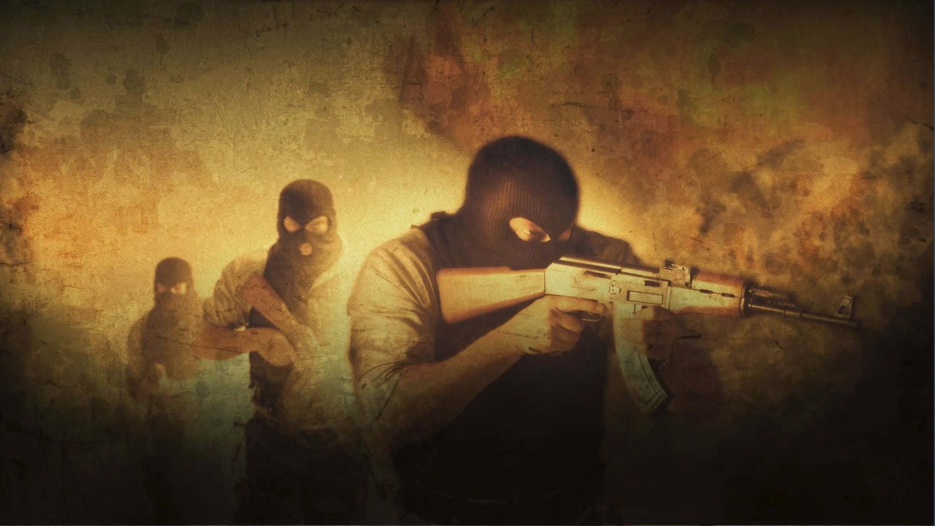 復古風格《反恐精英：全球 Offensive》1080p 背景 壁紙 — 三個戴面具嘅武裝人物喺粗糙紋理背景中，帶有戲劇性燈光同暖色調。