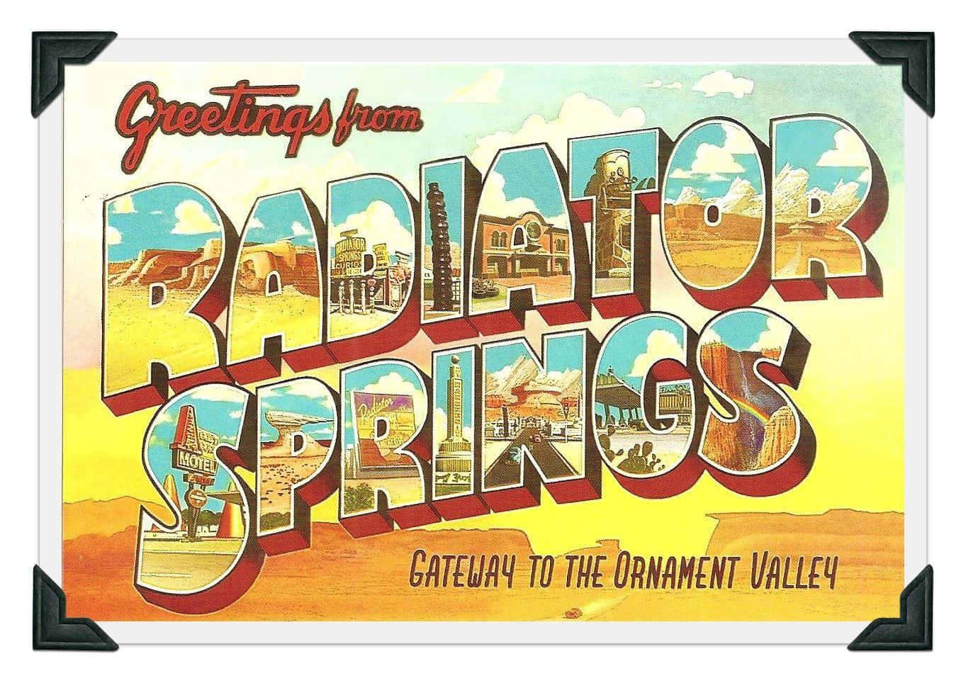 來自 Radiator Springs 的問候明信片，3D 字體內有沙漠地標。