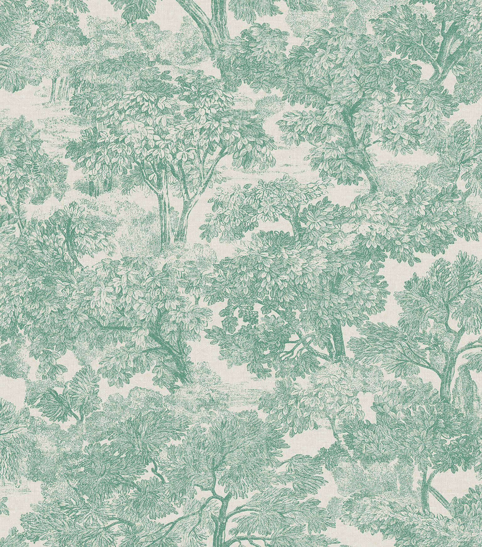 sage green aesthetic 桌布 壁紙 — 復古風格壁紙，在奶油色背景上重複出現青綠色樹木和葉子，帶有精緻的線條藝術。