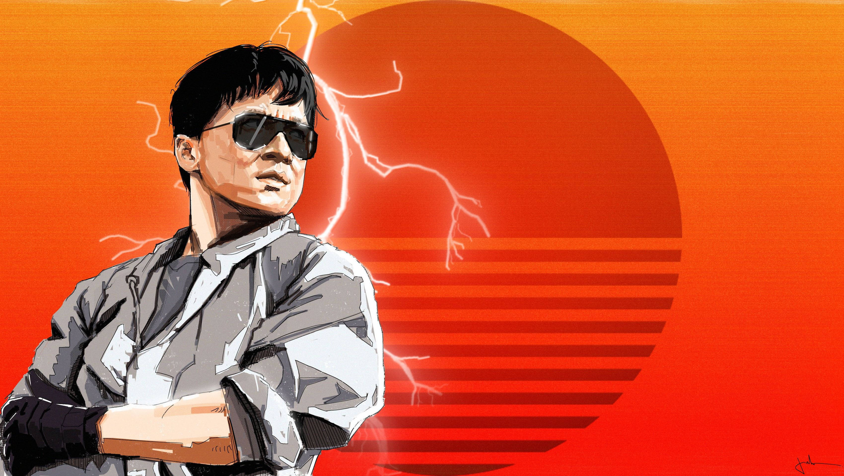 復古風格成龍 壁紙 — 一個戴住太陽眼鏡嘅型男自信咁企喺熾熱嘅日落前面，背後有閃電劃過。