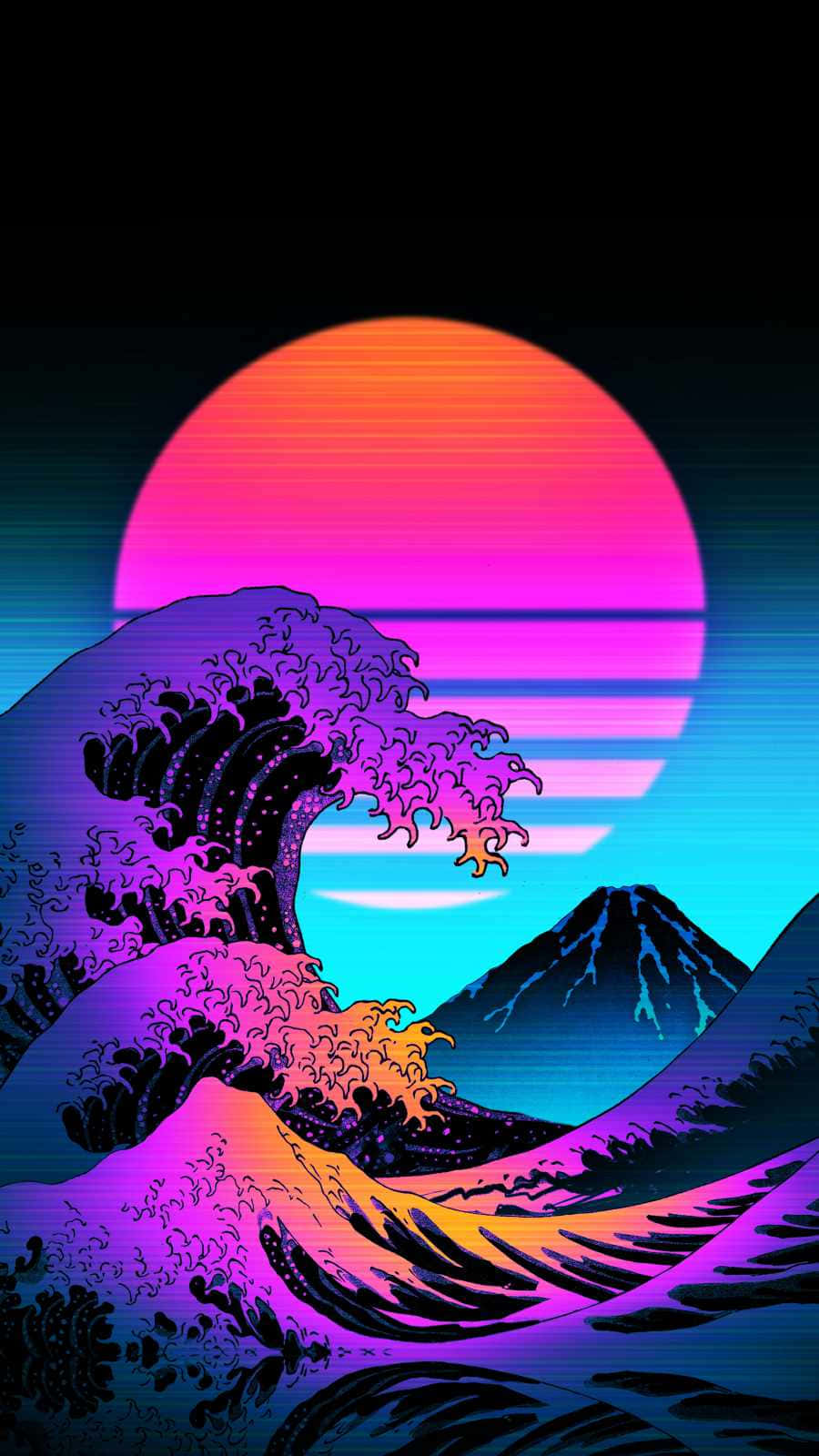 霓虹波浪插圖，帶有閃爍的夕陽和山巒輪廓。