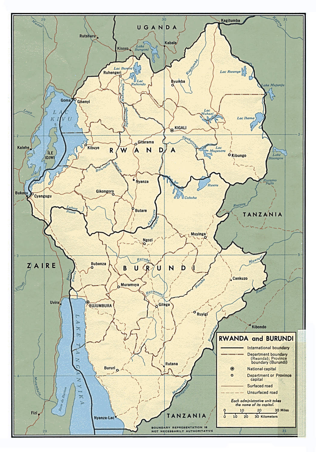 Burundi 桌布 壁紙 — 復古風格政治地圖，顯示盧旺達和布隆迪，標有城市、河流和邊界，背景為柔和綠色。