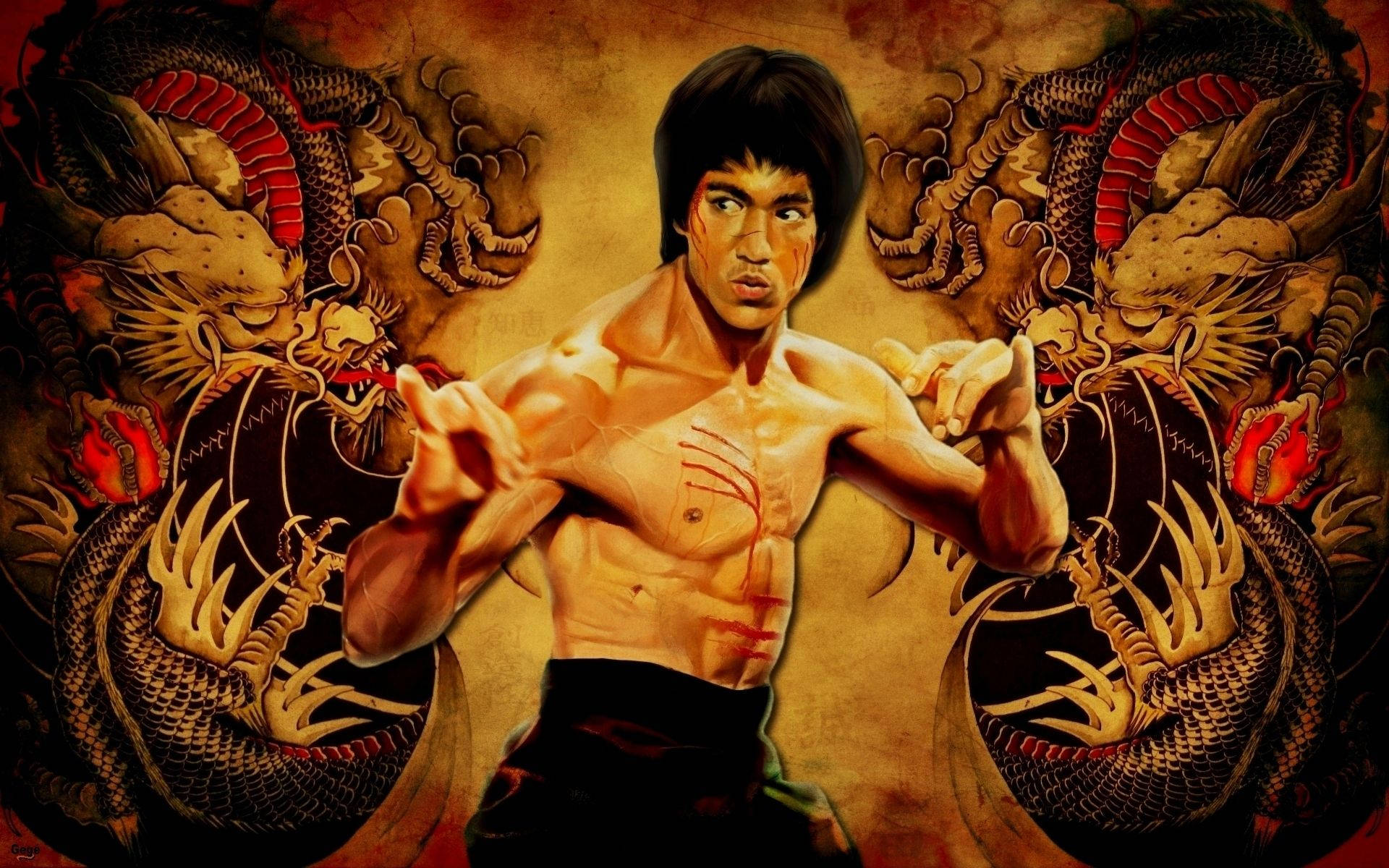 李小龍擺出武術姿勢，兩側有龍。