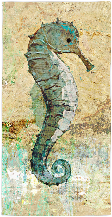 復古風格海馬插圖 壁紙 — 一幅有紋理的青綠色海馬插圖，立於風化的米色和綠色抽象背景前。