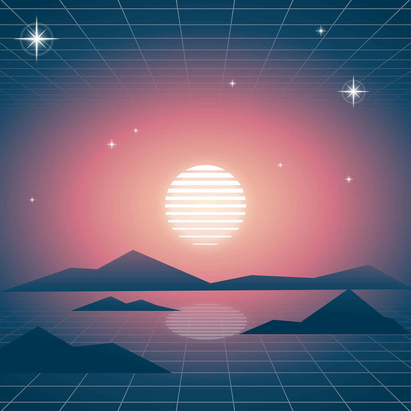 復古風格的山脈與太陽風景 壁紙
