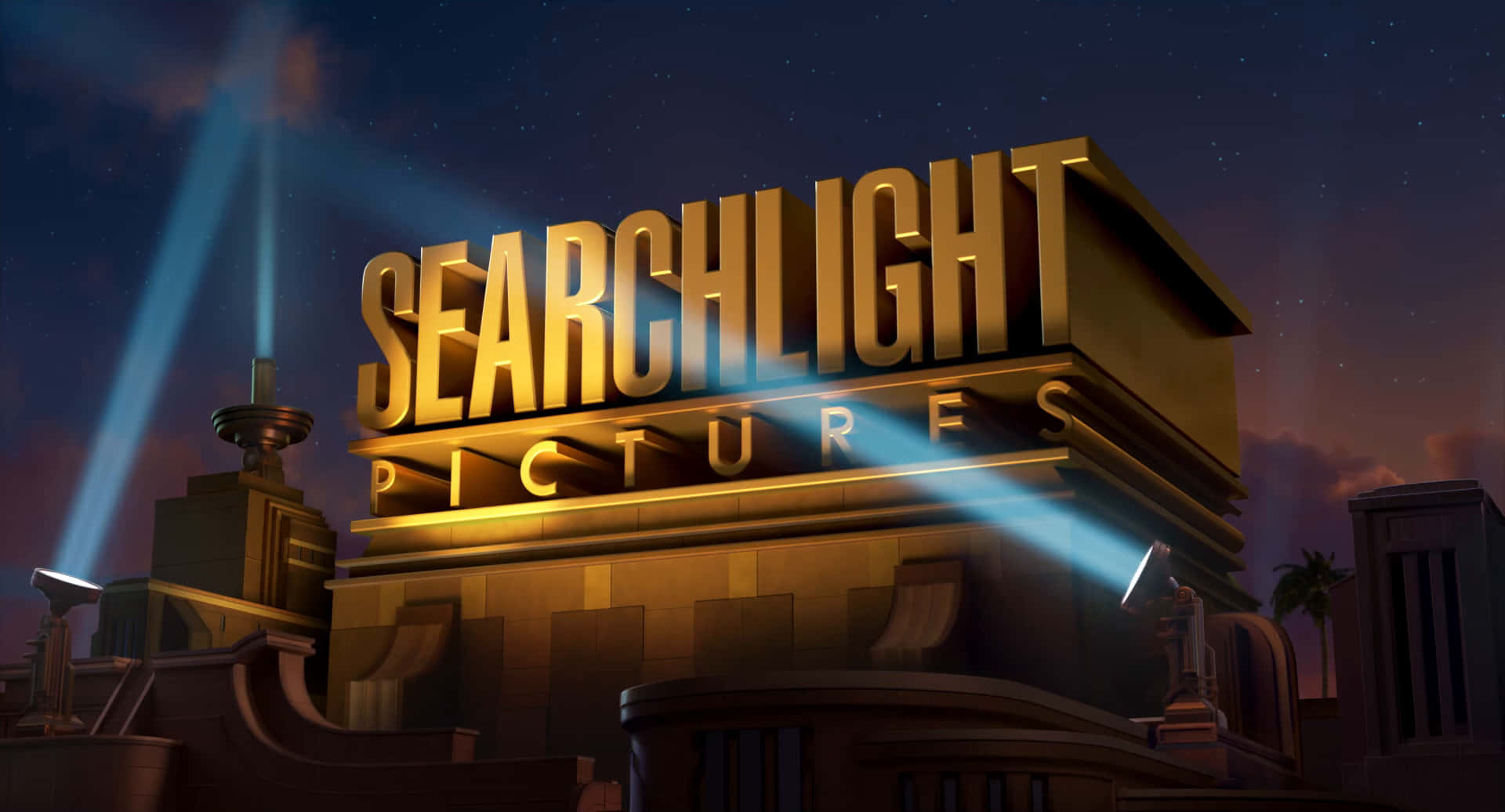 Searchlight Pictures 標誌在星空背景下發出藍色光芒。
