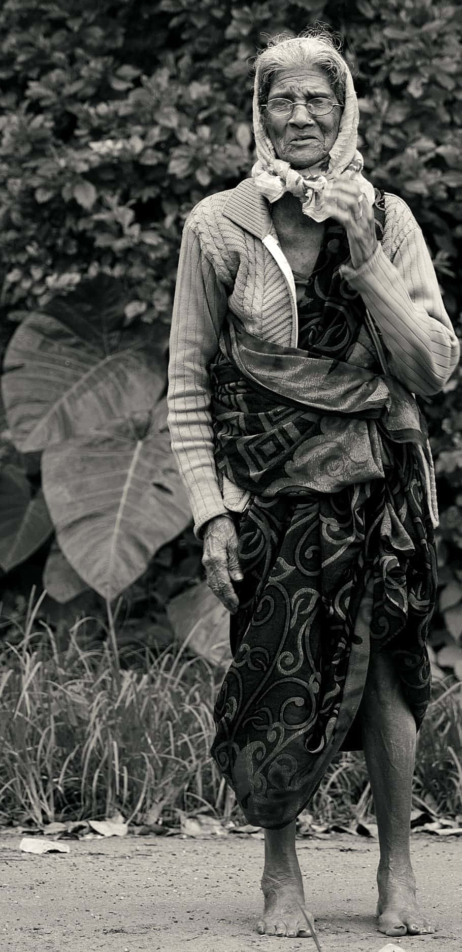 一位戴眼鏡、穿著傳統服裝的老年婦女赤腳站在戶外，靠近大葉子。
