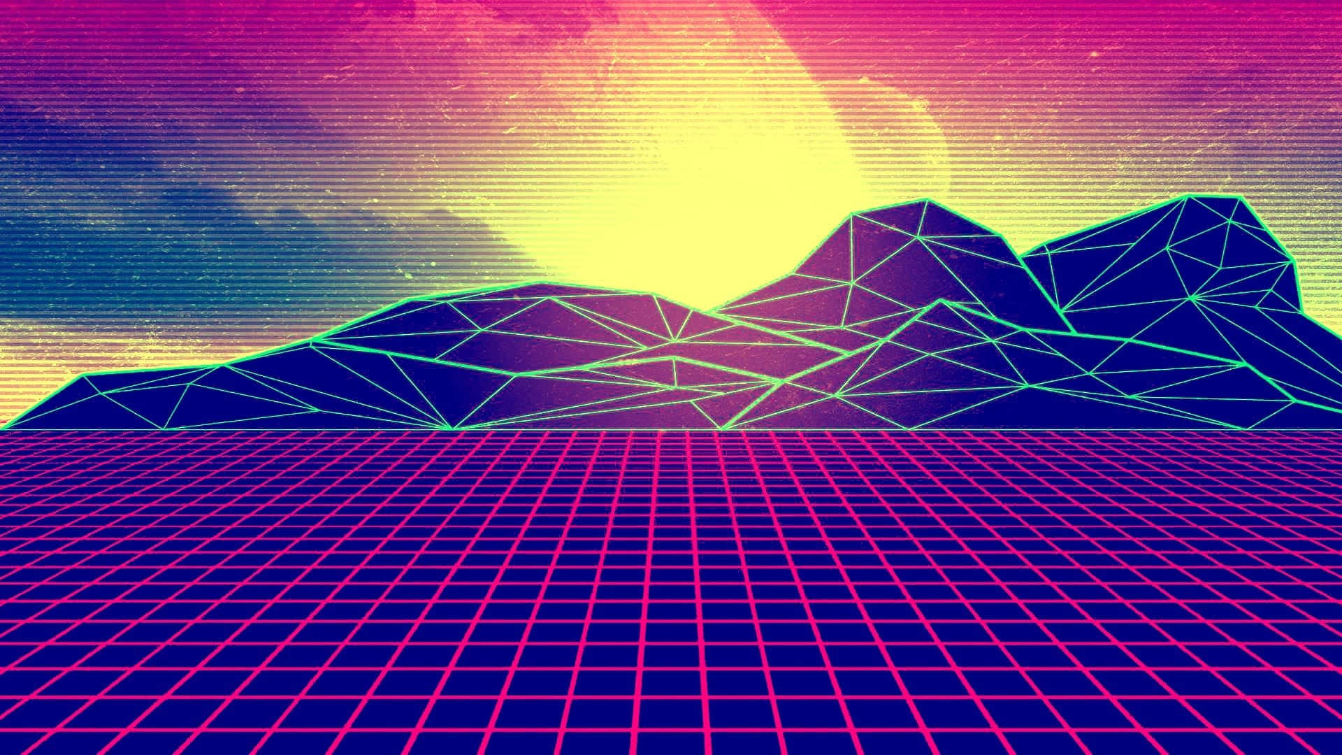 復古風格背景，有山和日落 壁紙