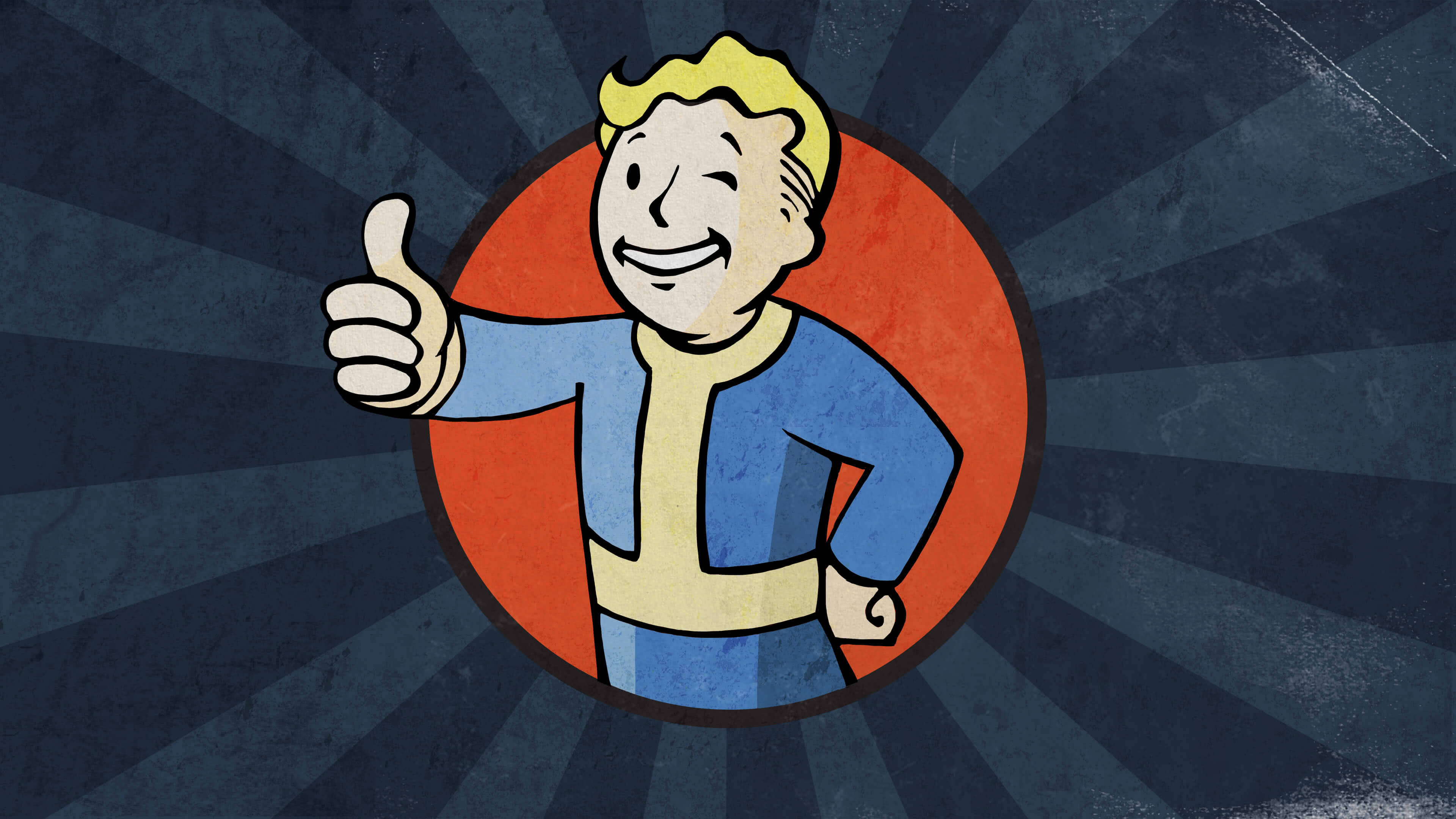 復古風格輻射 Vault Boy 壁紙 — 一個穿著藍色連身衣的開朗卡通Vault Boy在陽光四射的背景前豎起大拇指。