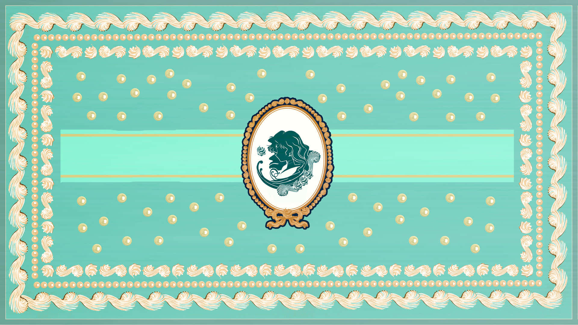 sailor neptune 桌布 壁紙 — 復古風格青綠色牆紙，帶有奶油色華麗邊框、金色圓點和中央女性側面浮雕肖像。