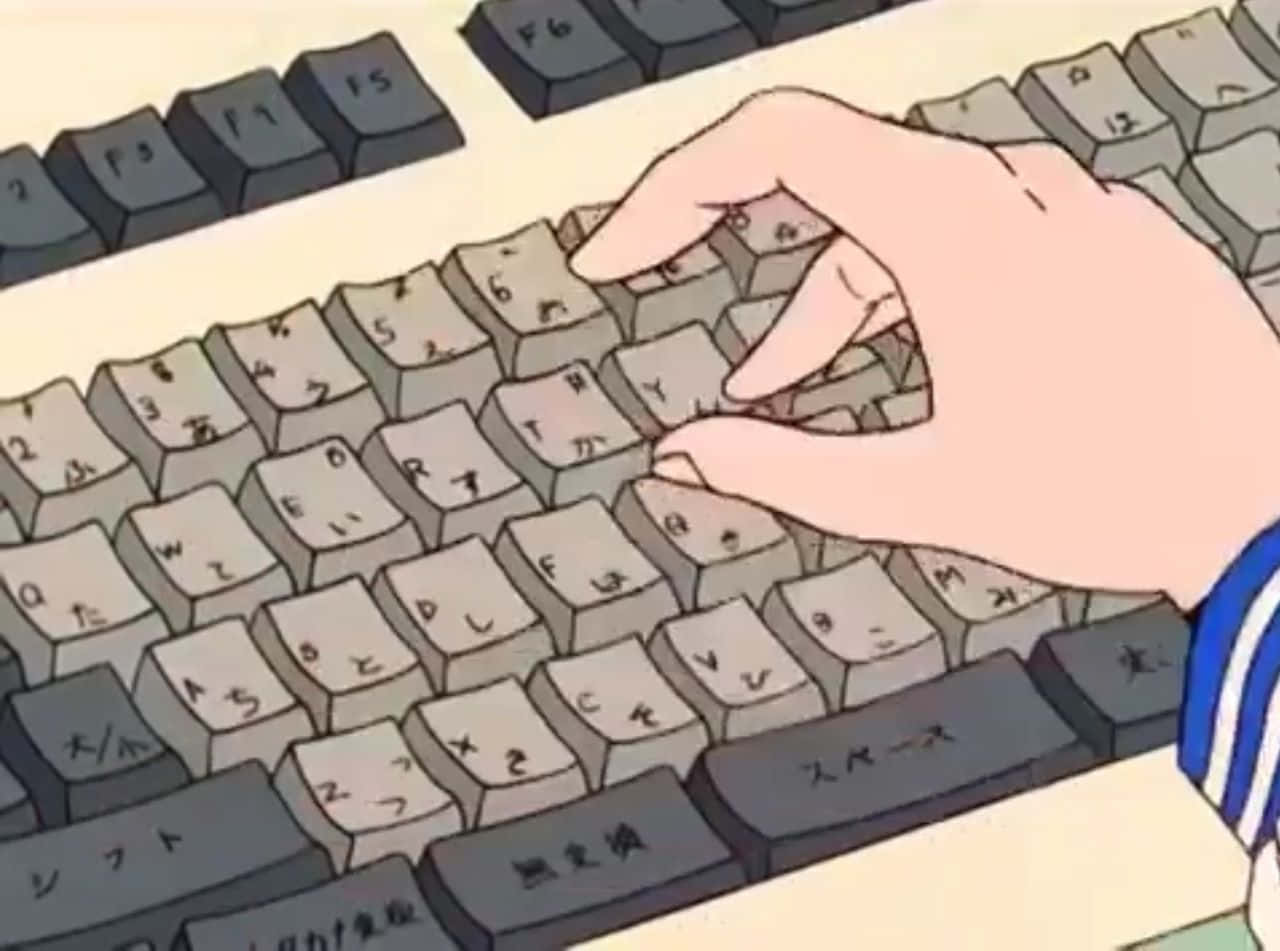 動漫手在柔和溫暖燈光下在日文鍵盤上打字。
