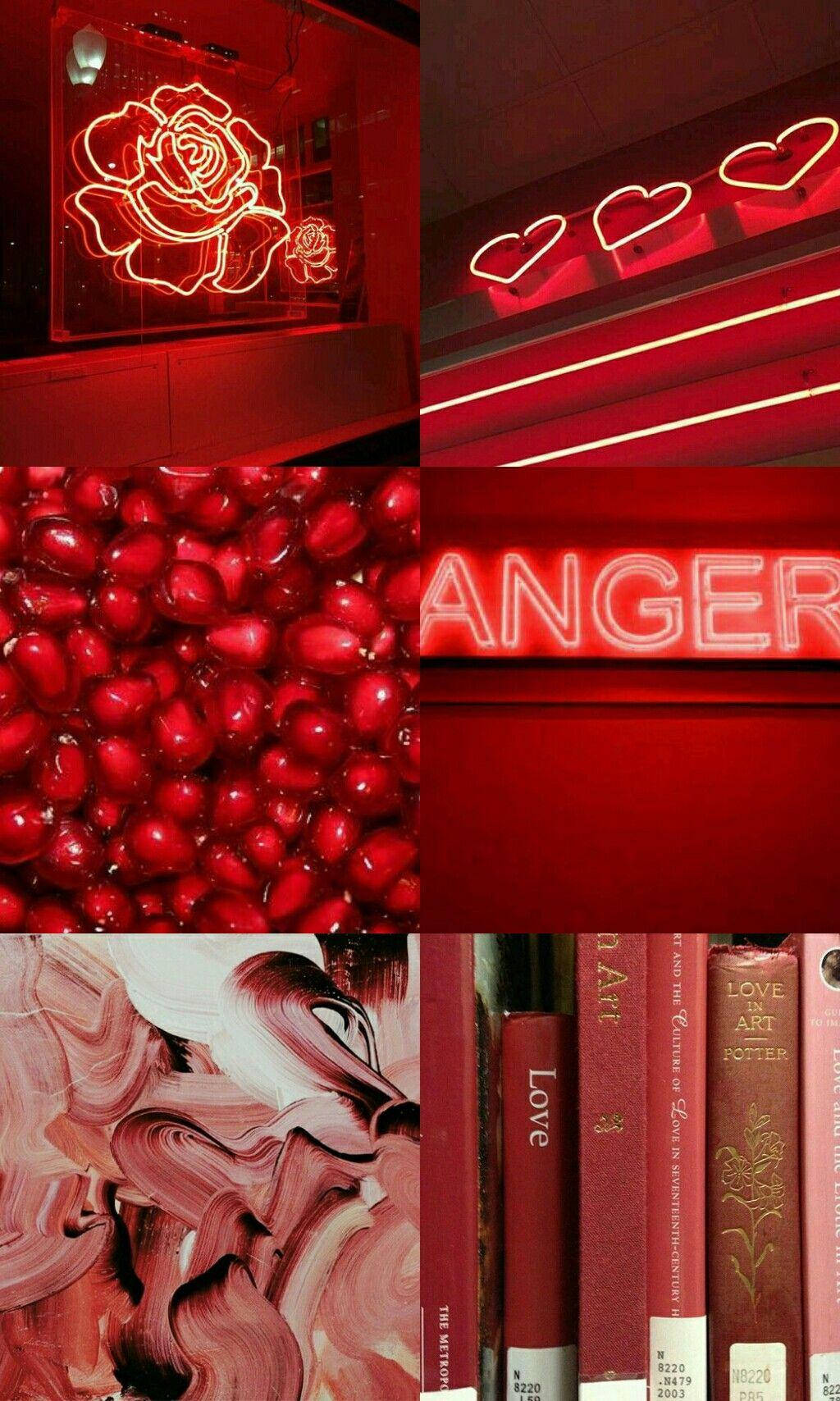 以紅色為主題的拼貼畫，包含霓虹燈牌、石榴籽和關於愛與藝術的書籍。
