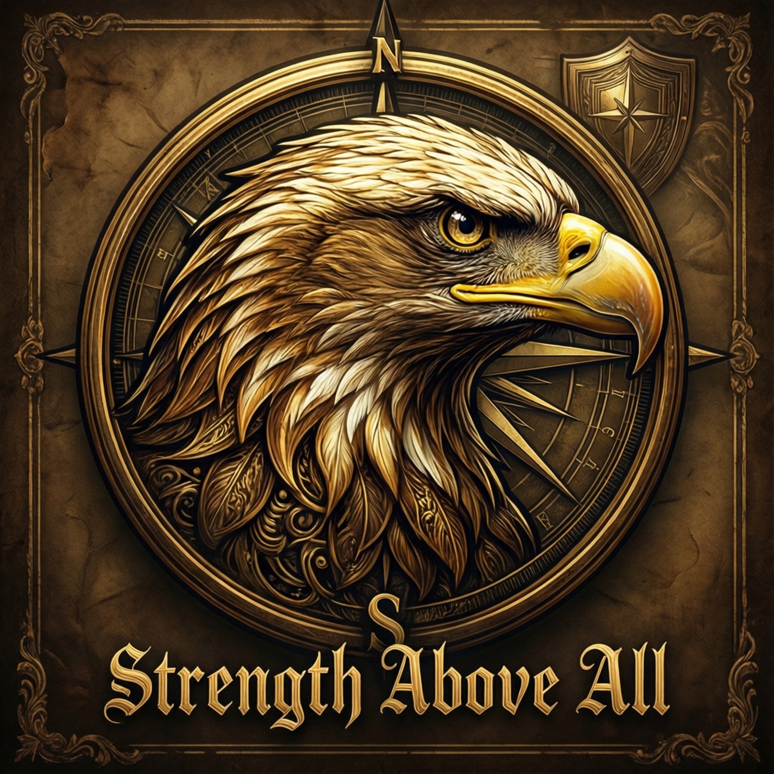 金鷹頭在羅盤玫瑰和盾牌中，羊皮紙上帶有文字 Strength Above All。