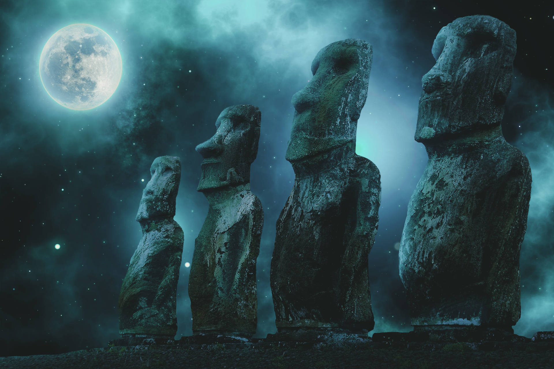 復活島月與星 壁紙 — 四尊古老的石像摩艾在繁星點點的夜空下，莊嚴地佇立在明亮的滿月之下。