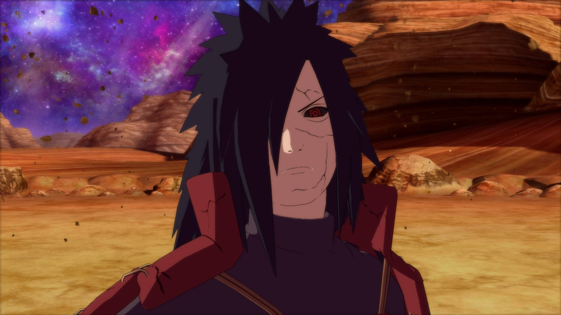 紅眼動漫戰士在星空下的沙漠中。