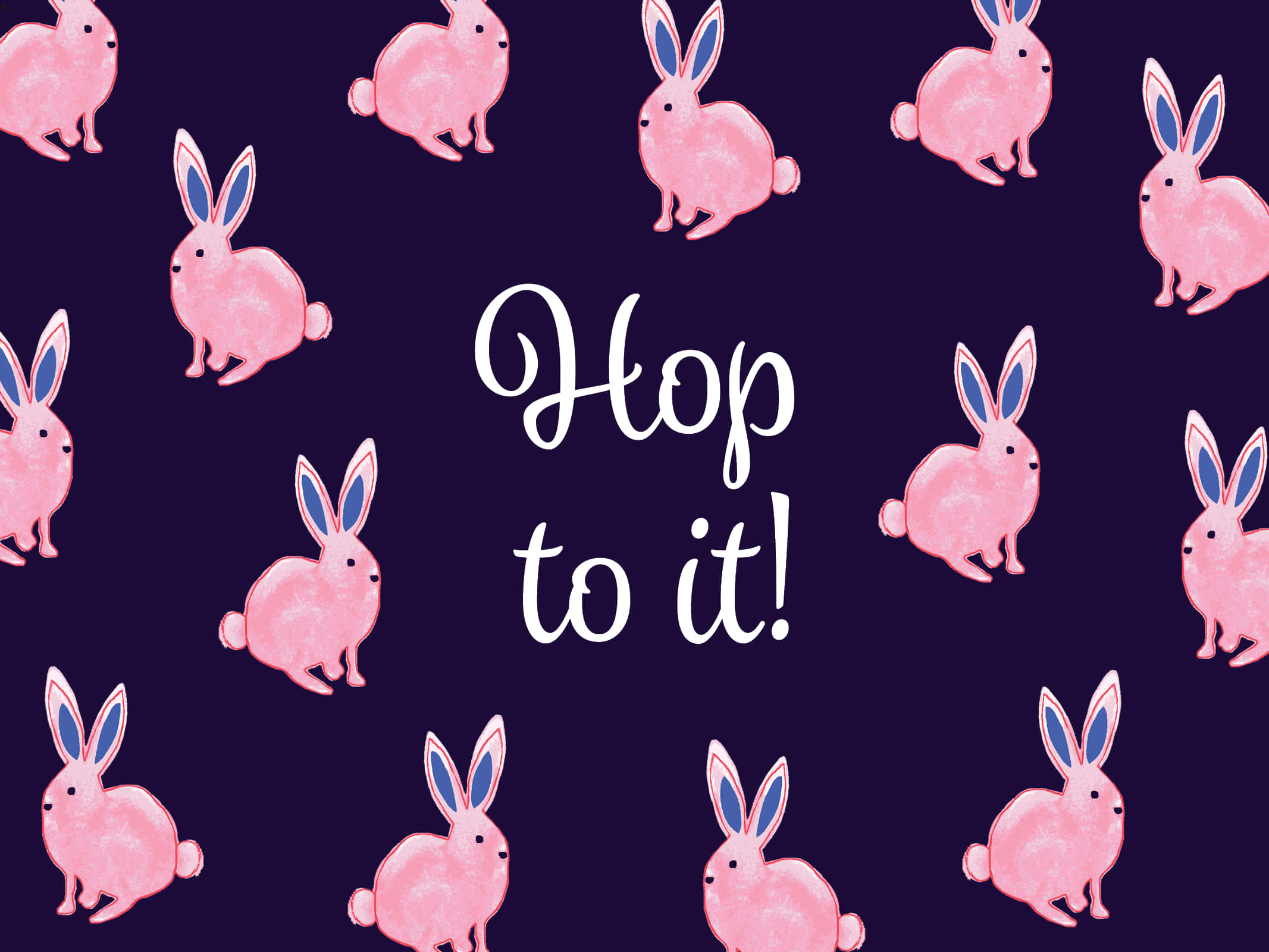 粉紅色藍色耳朵的兔子在深紫色背景上圍繞著短語 Hop to it!