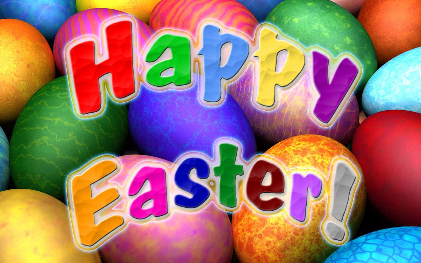 被色彩繽紛的裝飾蛋圍繞的Happy Easter文字。
