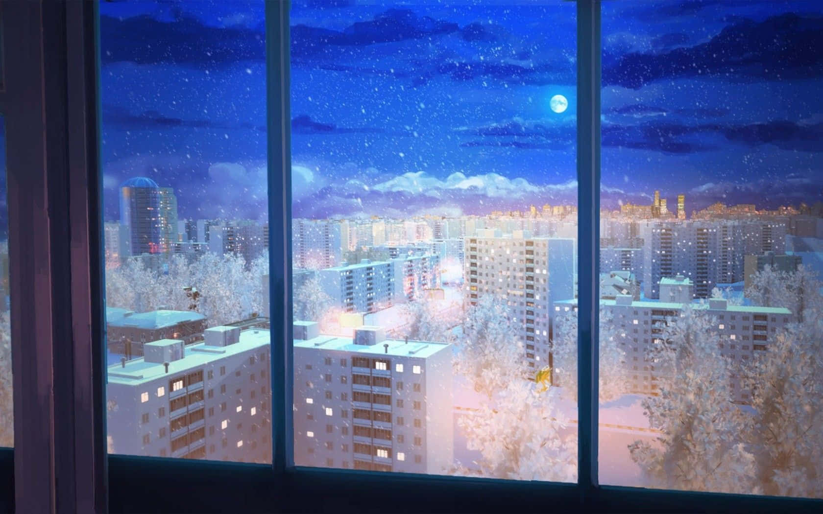 夜晚，雪落在雪白的城市上，從窗戶看到閃爍的燈光。