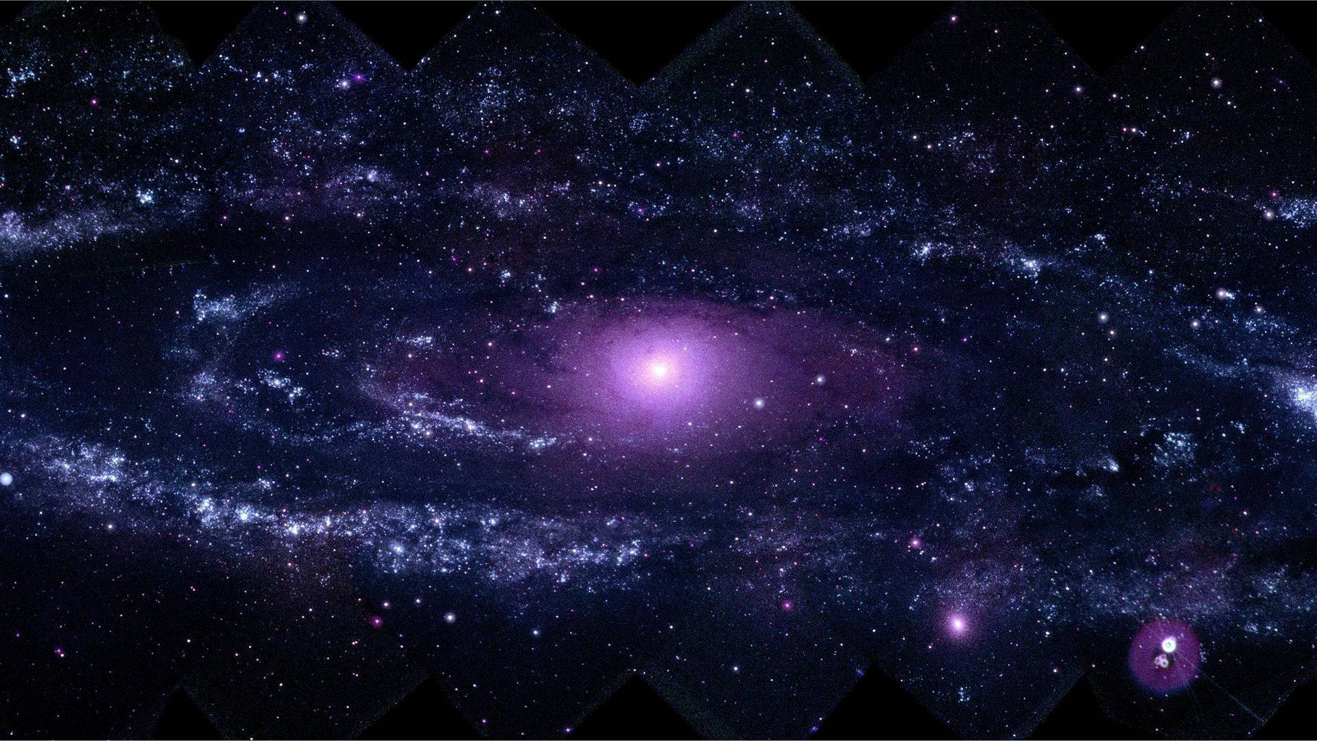 一個充滿恆星和宇宙塵埃的紫色螺旋星系，位於深空之中。