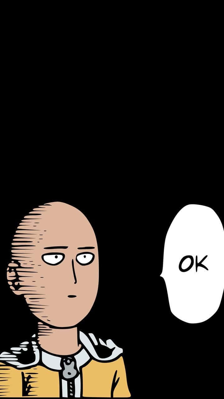 微笑，世界也會回以微笑。 壁紙 — 一個光頭動漫角色穿著黃色襯衫，在黑色背景上用簡單線條藝術說「OK」。